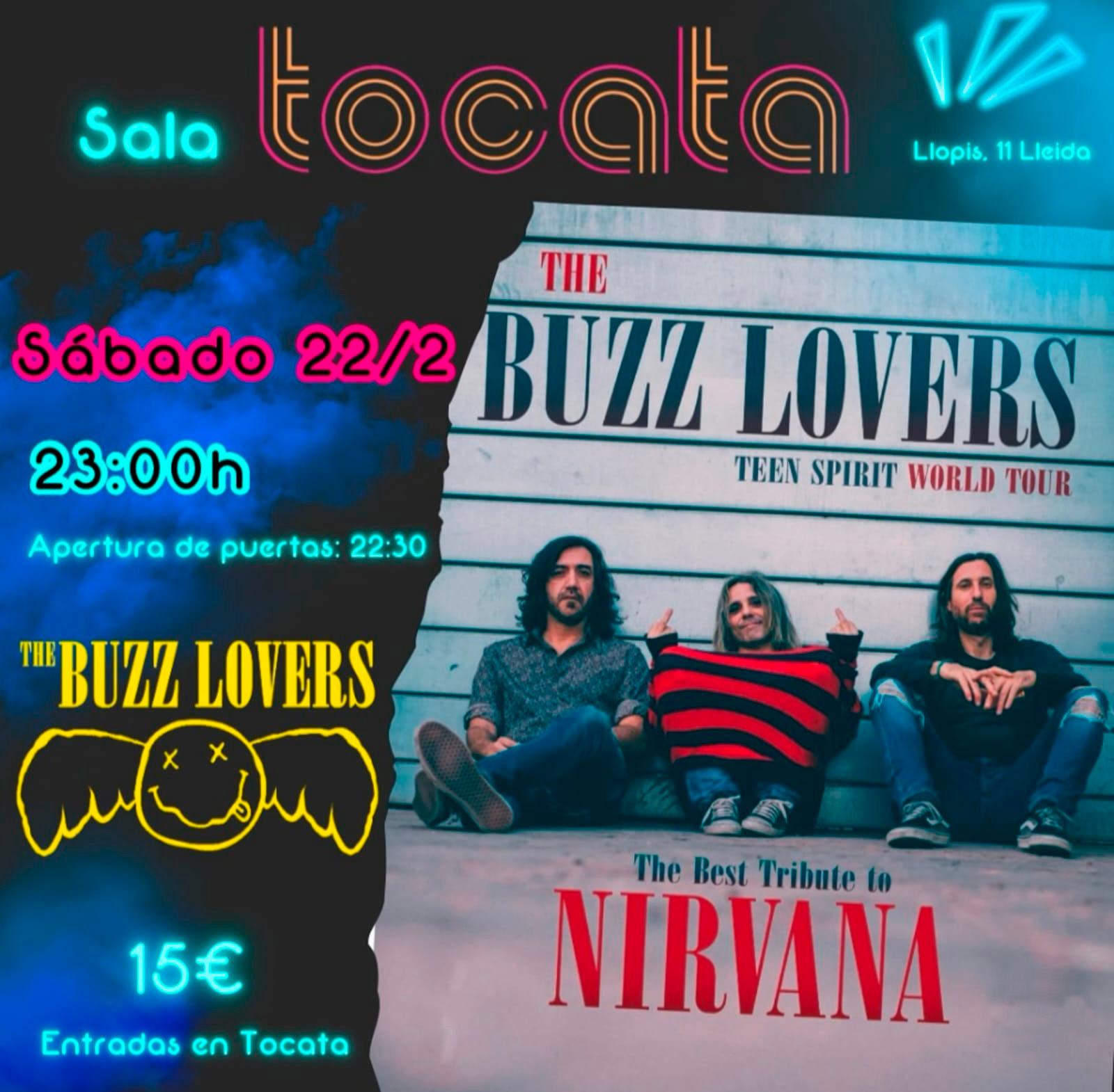 El sábado 22 de febrero tienes una cita imperdible en Tocata de Lleida. Prepárate para revivir la esencia del grunge con The Buzz Lovers, el mejor tributo a Nirvana