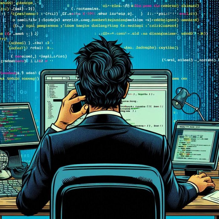 crea una imagen estilo comic de un desarrollador web de espalda y se vea la pantalla edl ordenador c (4) Desarrollador web de espalda y se ve la pantalla el ordenador con código HTML de Anuncisclas Lleida marketing digital