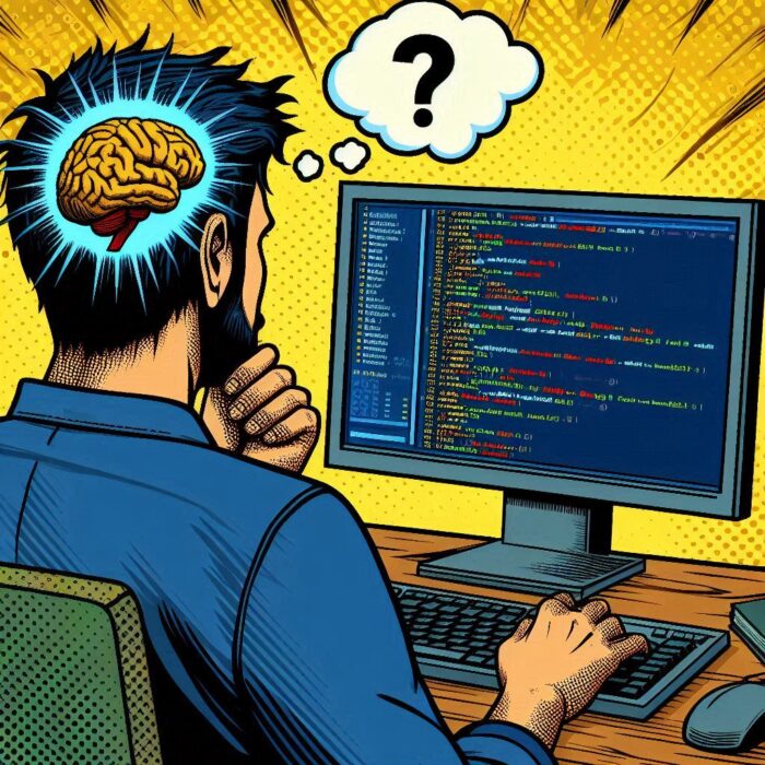 crea una imagen estilo comic de un desarrollador web de espalda y se vea la pantalla edl ordenador c (5) Desarrollador web de espalda y se ve la pantalla el ordenador con código HTML